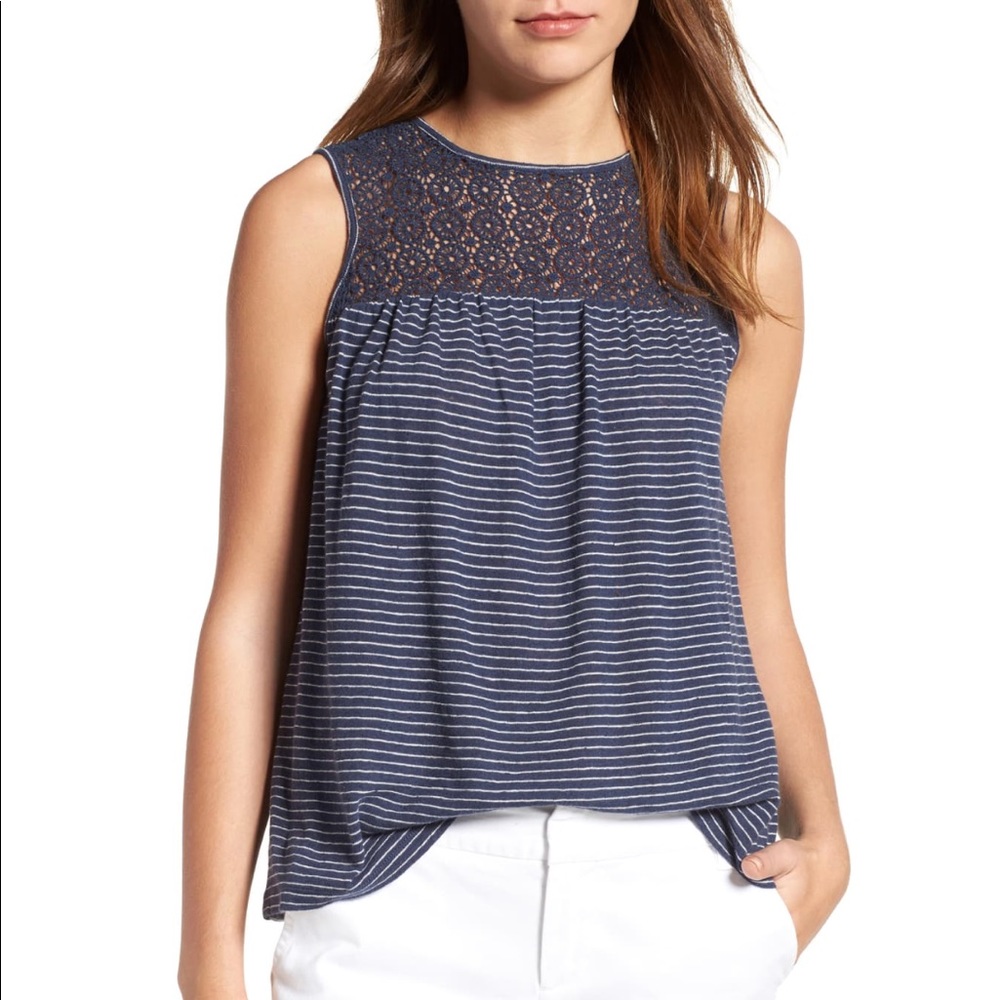 Caslon Striped Lace Yoke Tank Top / Blue / L
